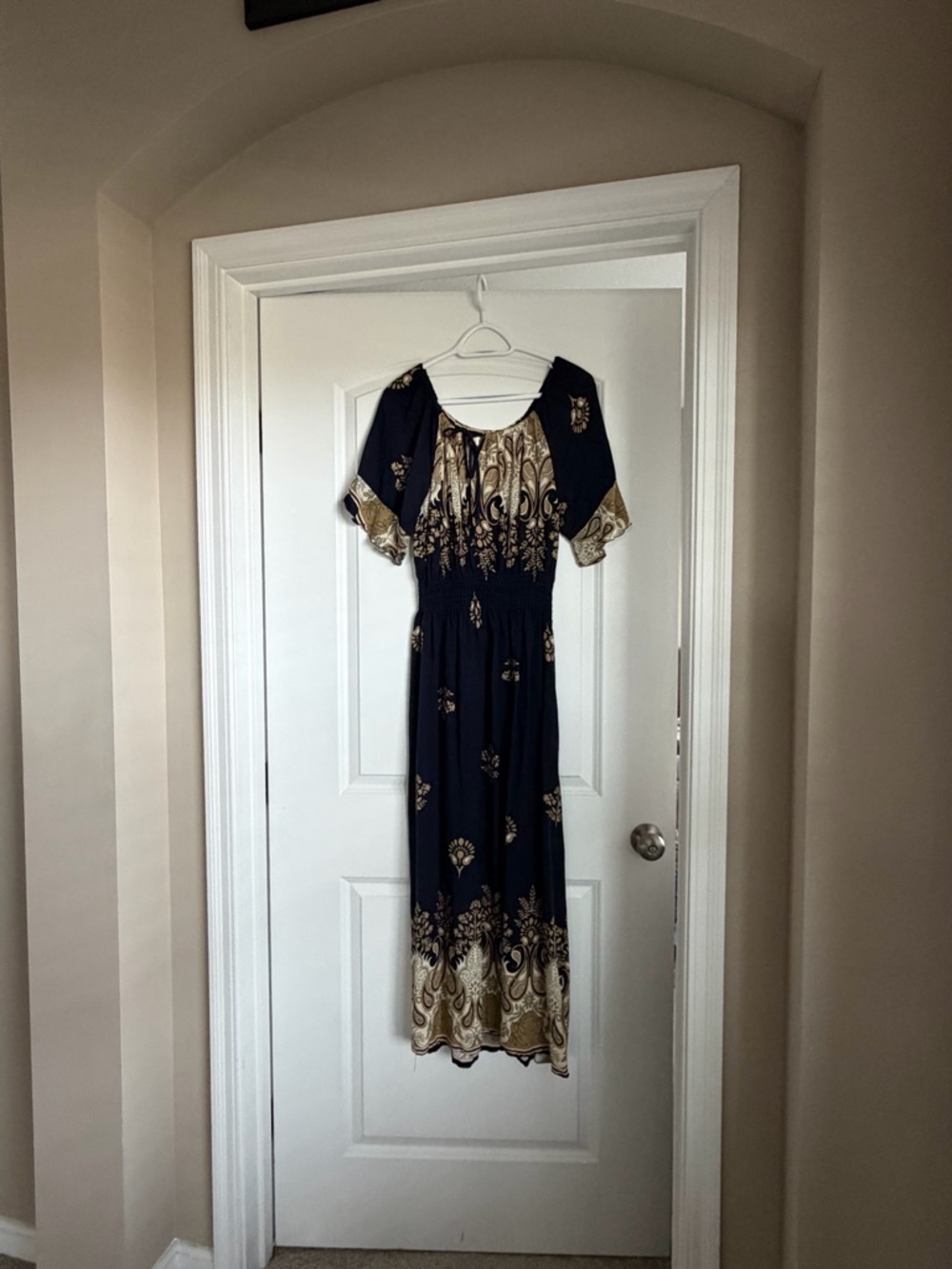 Navy and Gold Printed Short-Sleeve Maxi Dress
